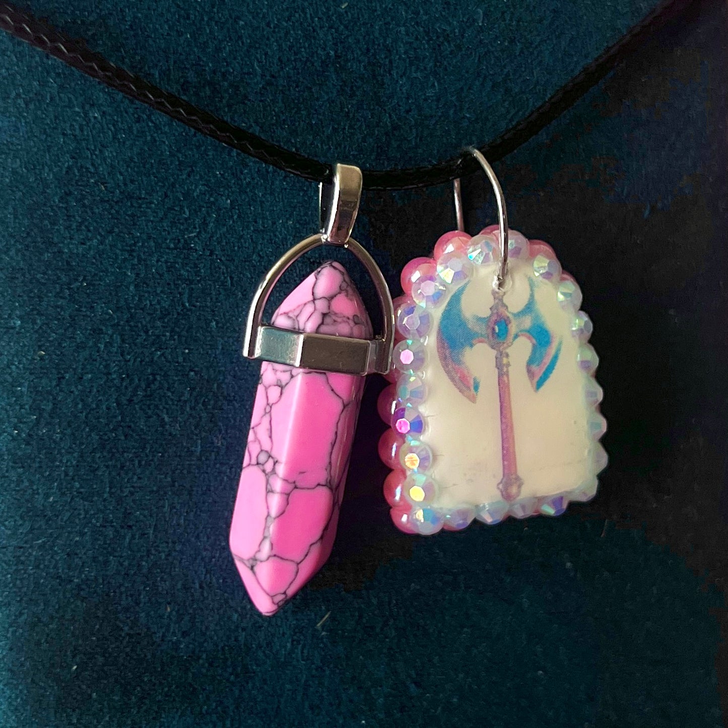 Battle Axe Charm Necklace | Polymer Clay Pendant + Pink Marbled Gem