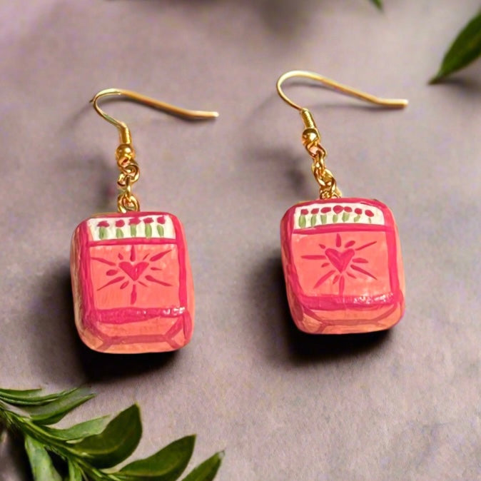 Matchbox Heart Earrings - Handmade Polymer Clay Charm Earrings