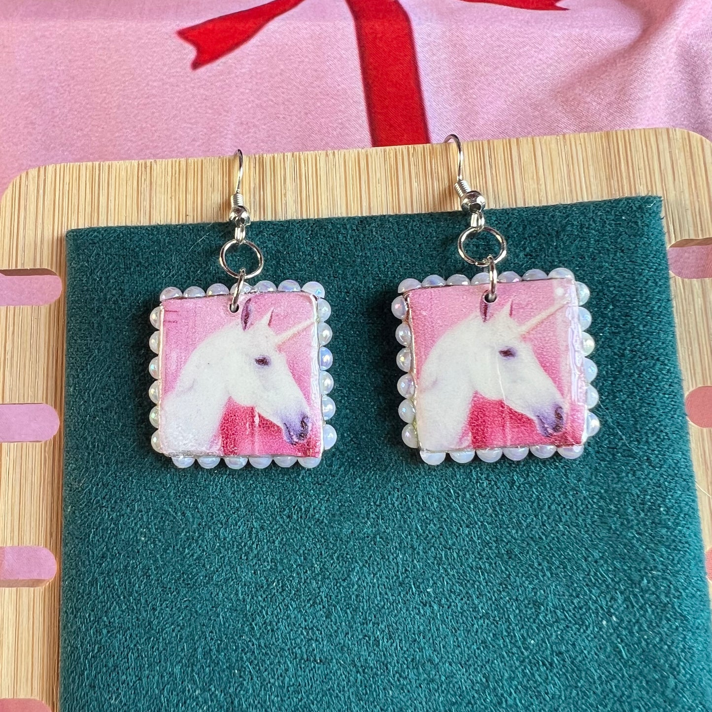 pink unicorn earrings, unicorn earrings, kawaii earrings, fairycore earrings, pastel earrings, handmade polymer clay earrings, polaroid earrings, white pearl earrings, liminal jewelry, square charm earrings, whimsical jewelry, cute earrings, y2k jewelry, Olive Made