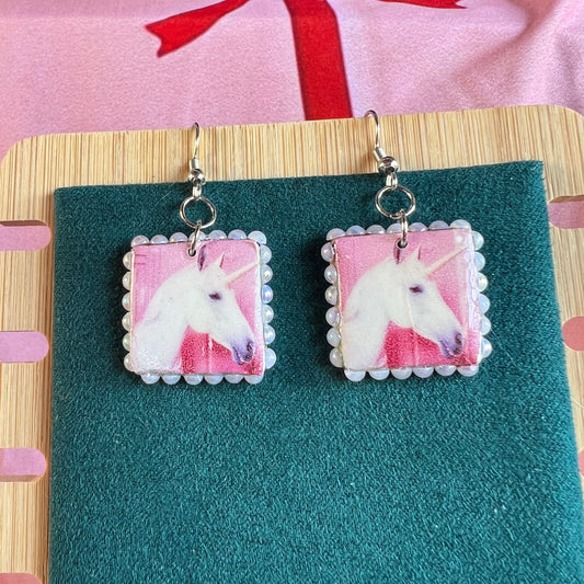 pink unicorn earrings, unicorn earrings, kawaii earrings, fairycore earrings, pastel earrings, handmade polymer clay earrings, polaroid earrings, white pearl earrings, liminal jewelry, square charm earrings, whimsical jewelry, cute earrings, y2k jewelry, Olive Made