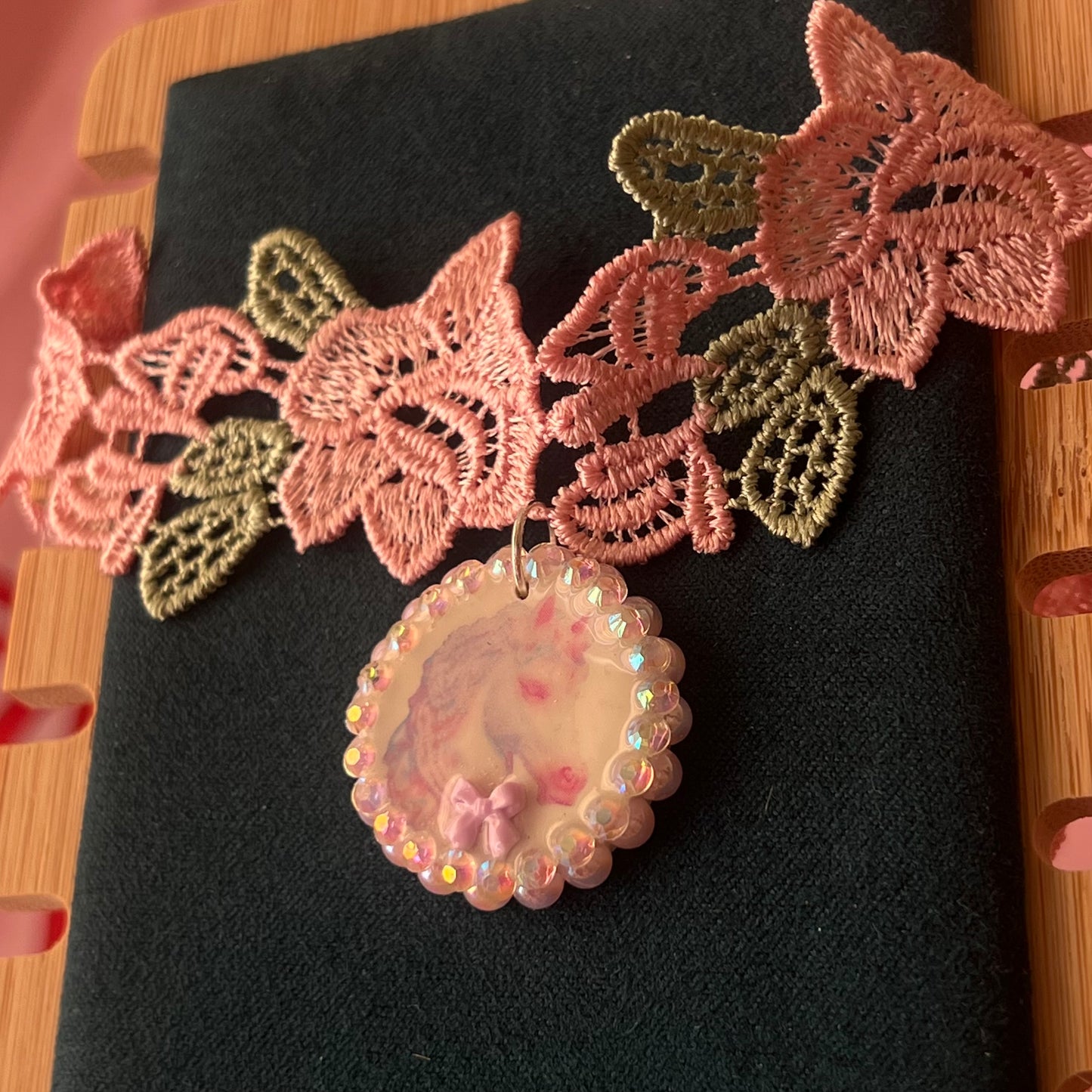 Unicorn Bow Charm Lace Flower Choker Necklace | Pastel Pink Pearl Variations | Olive Made