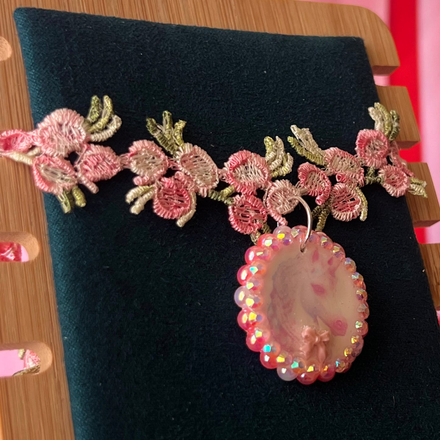 Unicorn Bow Charm Lace Flower Choker Necklace | Pastel Pink Pearl Variations | Olive Made