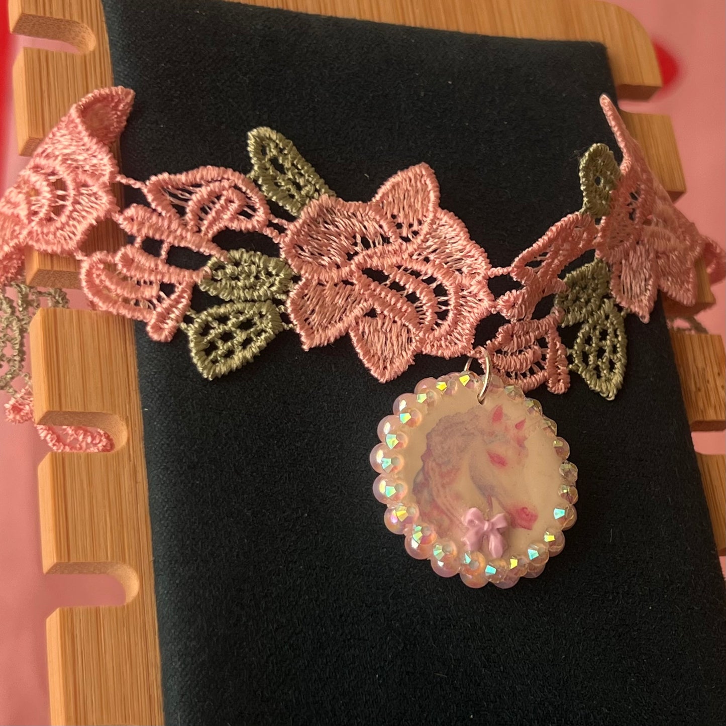 Unicorn Bow Charm Lace Flower Choker Necklace | Pastel Pink Pearl Variations | Olive Made