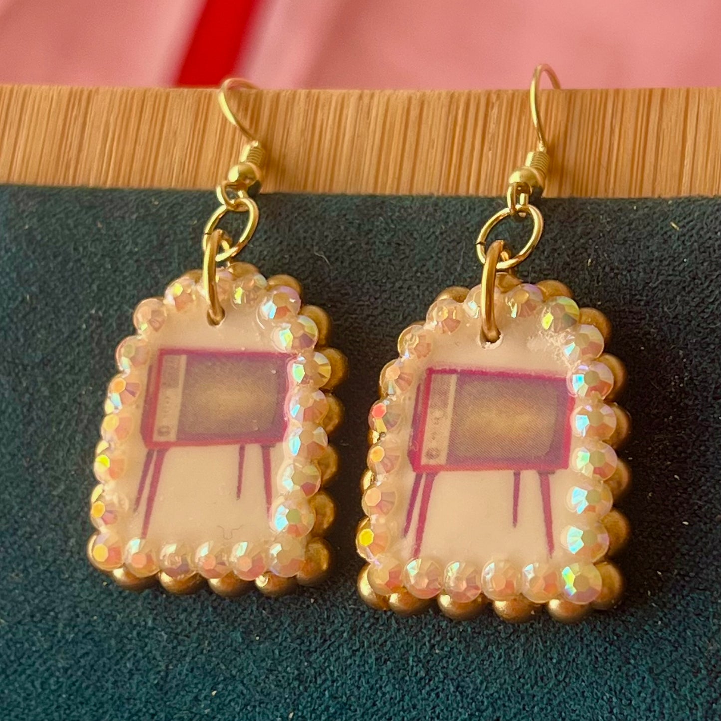 Handmade retro vintage TV charm earrings — pearl‑bedazzled arch dangles with a nostalgic TV graphic, gold/bronze pearl framing and 18k gold‑plated hooks; perfect retro, vintage, Y2K, indie, polymer‑clay statement jewelry.