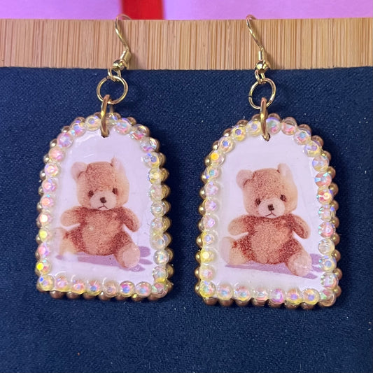 Little Bear Plushie Bronze Pearls Earrings | Kawaii Coquette Teddy Bear Jewelry