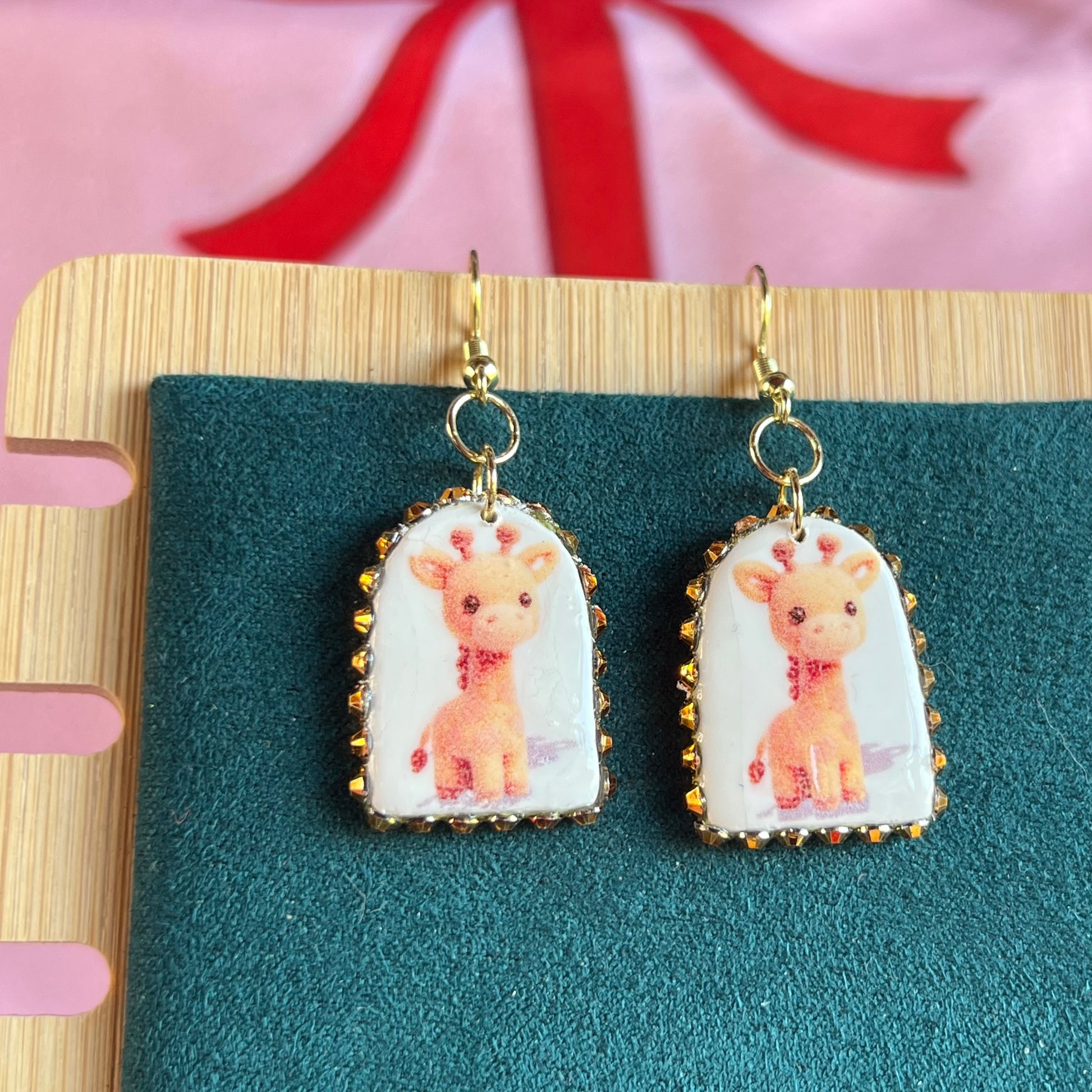 giraffe earrings, animal earrings, plush earrings, kawaii earrings, indie earrings, plushcore jewelry, maximalist earrings, polymer clay earrings, handmade earrings, clay statement earrings, rhinestone earrings, 14k gold plated earrings, cute animal earrings, novelty earrings, whimsical earrings, liminal jewelry, Olive Made jewelry, wearable art earrings, handmade giraffe jewelry, kawaii jewelry, indie jewelry, ready to ship earrings