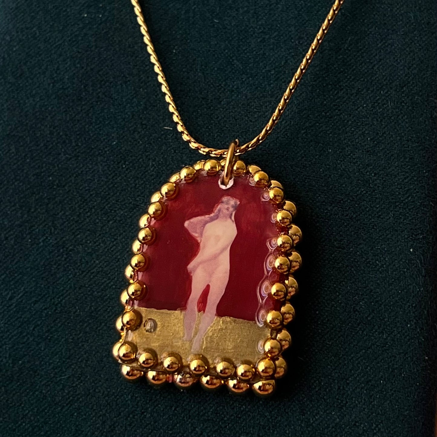 Red Neoclassical Nude Lady Pendant | Golden Charm Necklace | Olive Made
