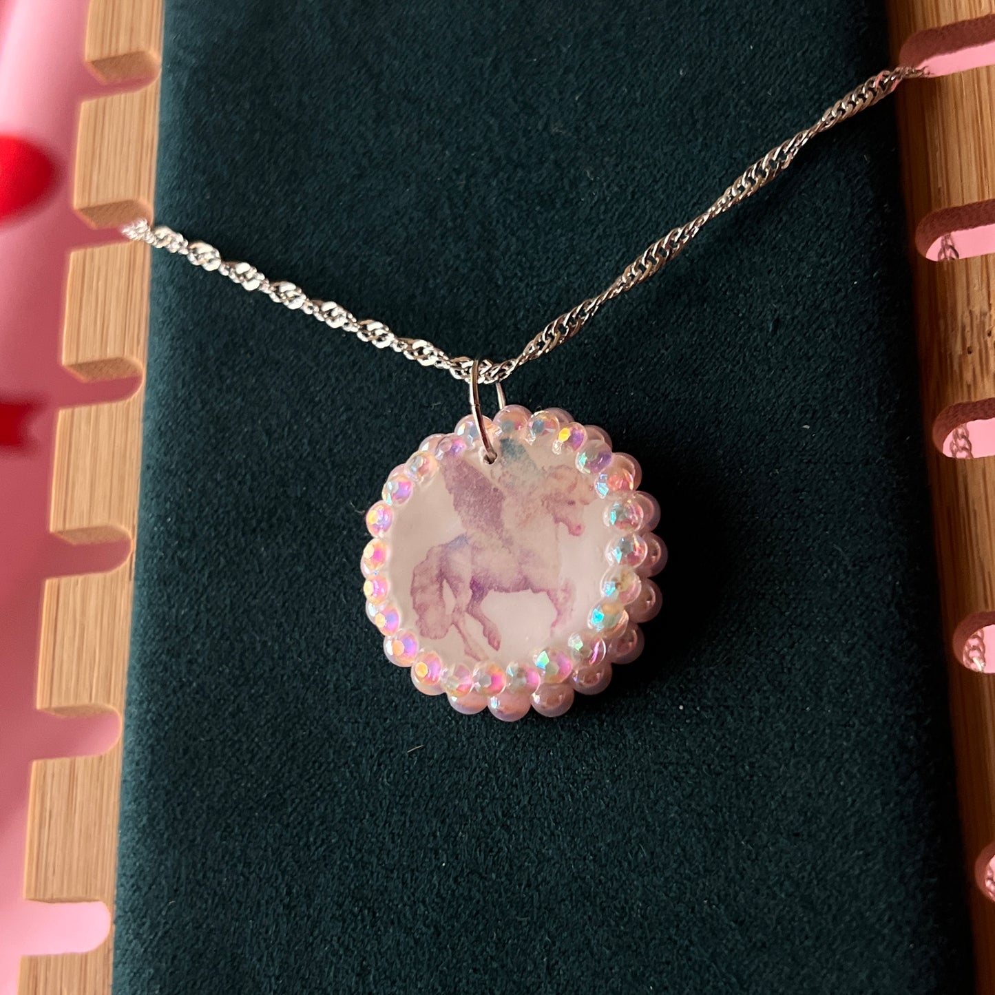 Pegasus pearl charm necklace — coquette fantasy jewelry with handmade pegasus charm bedazzled with pastel pearls on 20" 925 sterling silver chain. Ships gift-ready in green Victorian-patterned box; ready to ship. Medieval magic talisman necklace by Olive Made.