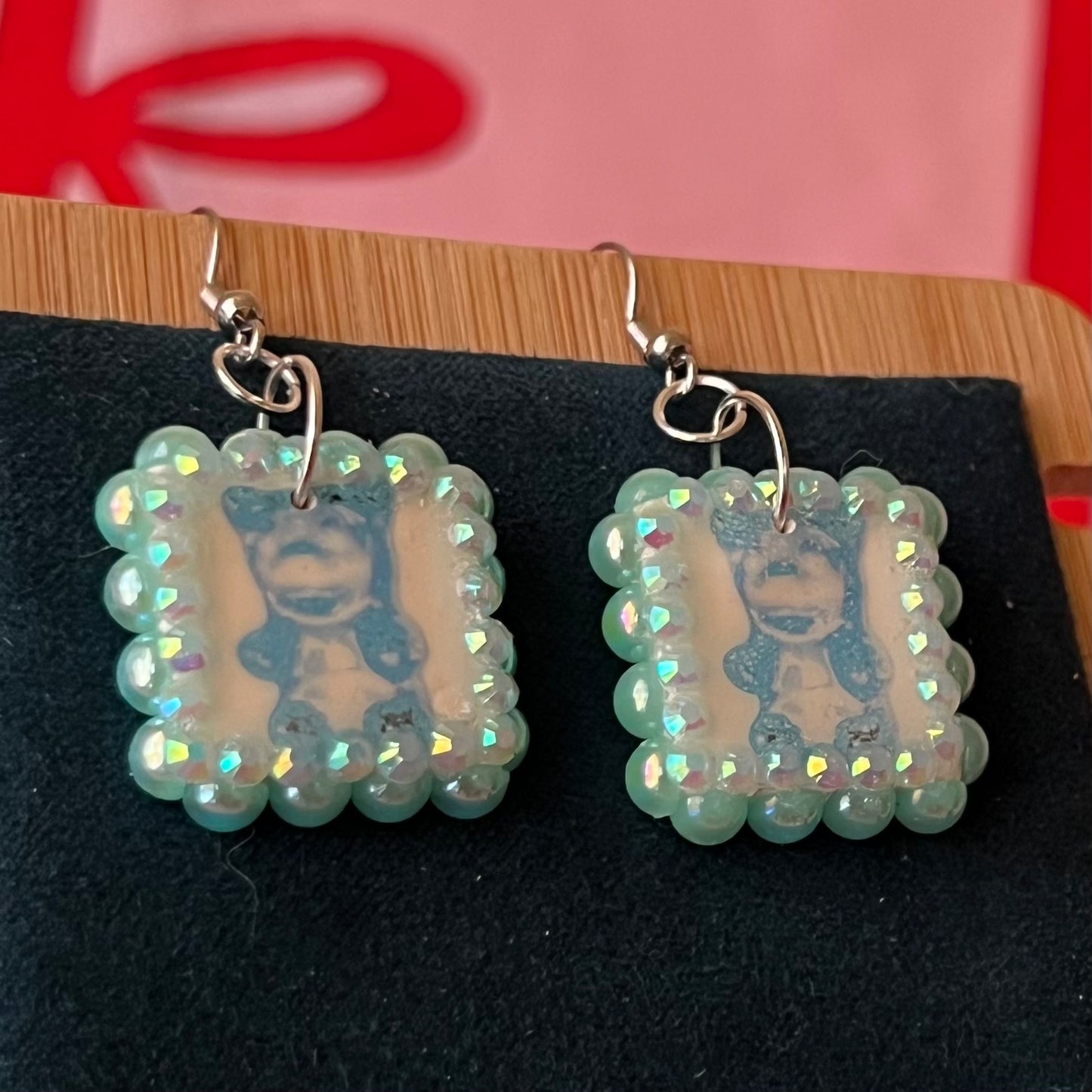 gummy bear earrings, blue gummy bear earrings, y2k earrings, kidcore earrings, toycore jewelry, rhinestone charm earrings, pearl rhinestone earrings, handmade polymer clay earrings, cute statement earrings, candy jewelry