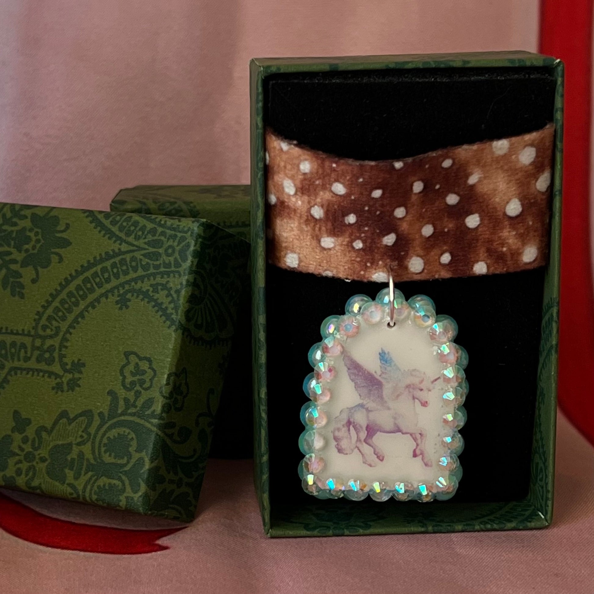 pegasus necklace, pegasus choker, deer print choker, fairycore choker necklace, whimsigoth jewelry, medieval fantasy necklace, rhinestone charm necklace, pearl rhinestone choker, handmade polymer clay charm, adjustable choker necklace, cottagecore jewelry, y2k fairycore jewelry, mythical jewelry, statement choker