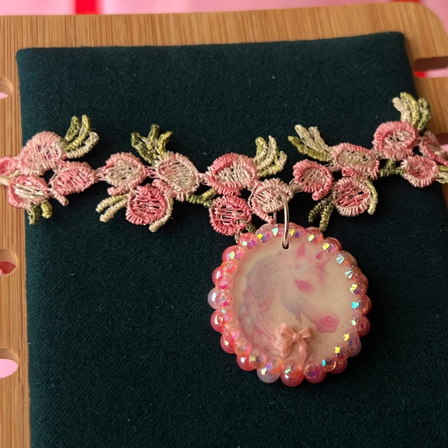 Unicorn Bow Charm Lace Flower Choker Necklace | Pastel Pink Pearl Variations | Olive Made