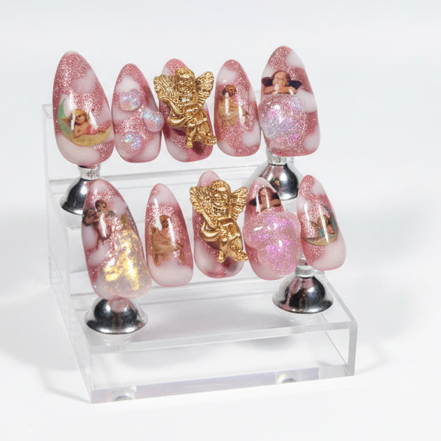 Ambrosia Fruit Press-On Nails | Hand Painted Nails | Iridescent 3D Gel | Pink Shimmer | Angel Charm | One of One | Size Medium