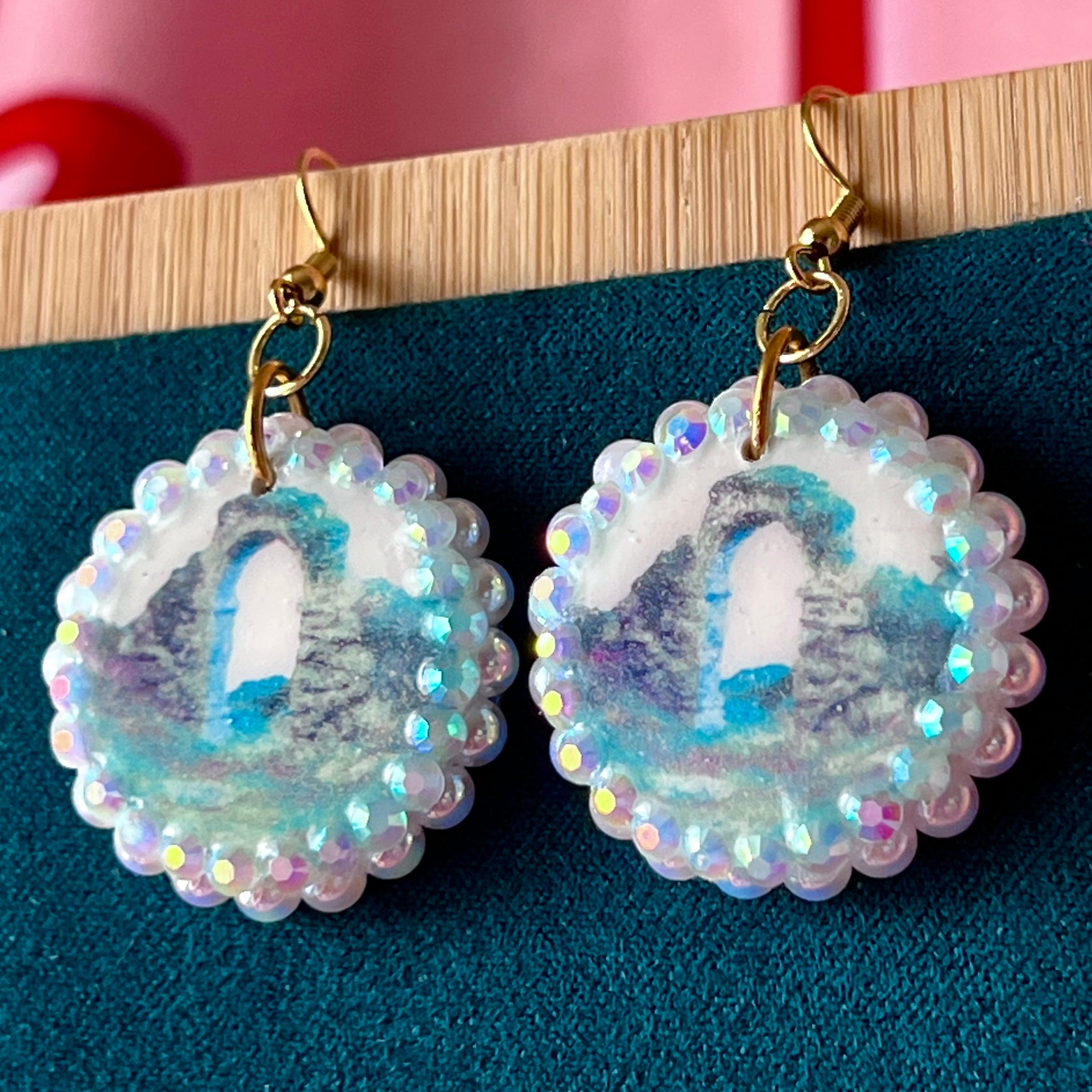 Magical archway charm necklace — one-of-a-kind medieval stone archway “portal” pendant hand-sculpted in polymer clay (approx. 1" tall x 0.75" wide) and bedazzled with iridescent pearls and rhinestones. Handmade wearable magic.