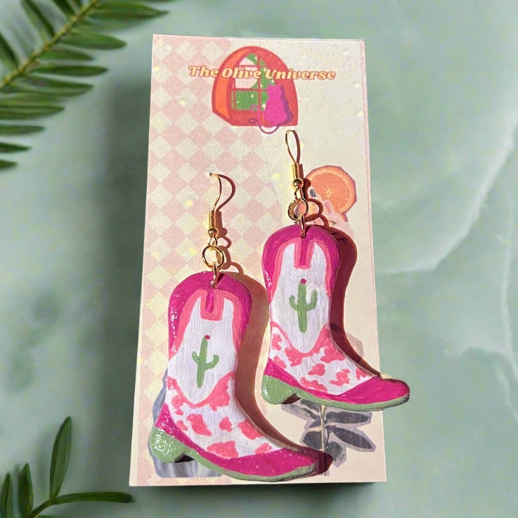 Cactus Cowprint Boots - Handmade & Hand Painted Charm Earrings - Olive Made