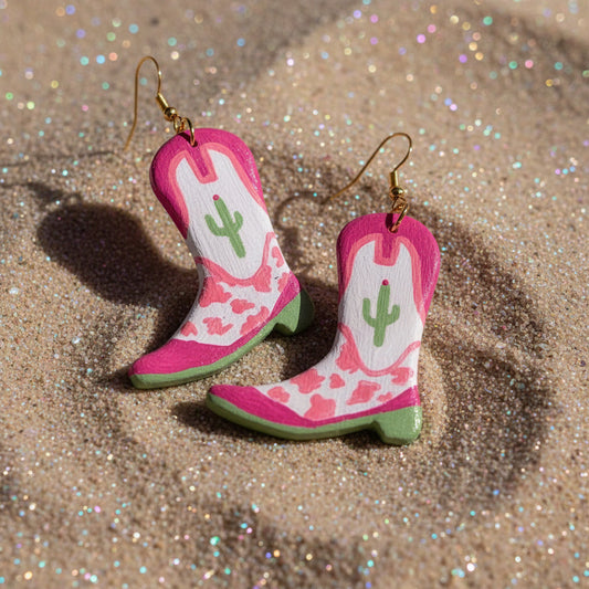 Cactus Cowprint Boots - Handmade & Hand Painted Charm Earrings - Olive Made