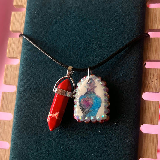 Red Crystal Blue Potion Necklace | Bedazzled Potion Bottle Pendant | Fairycore Y2K Charm Necklace | Olive Made