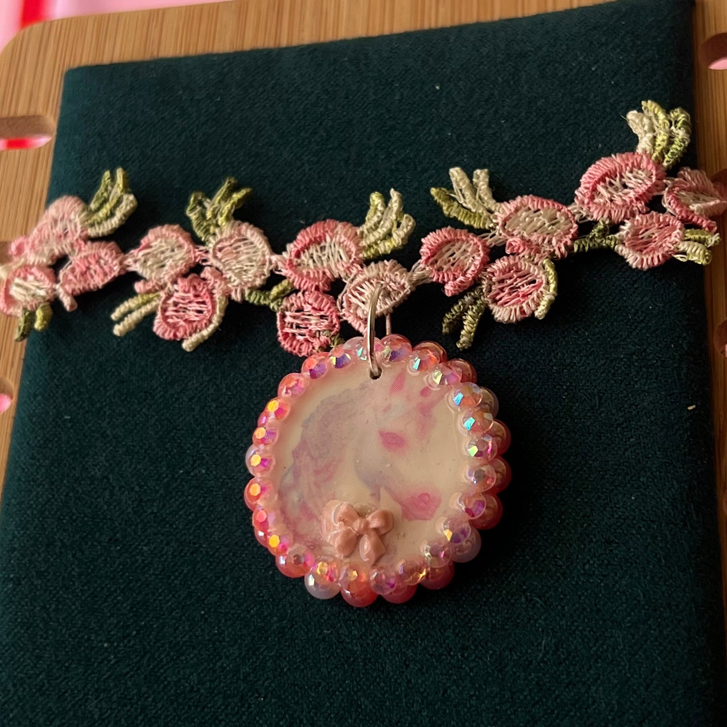 Unicorn Bow Charm Lace Flower Choker Necklace | Pastel Pink Pearl Variations | Olive Made