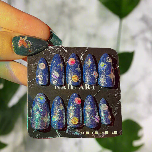 Sparkling Starlight Solar System Almond Shaped Press On Custom Made Nails - Olive Made
