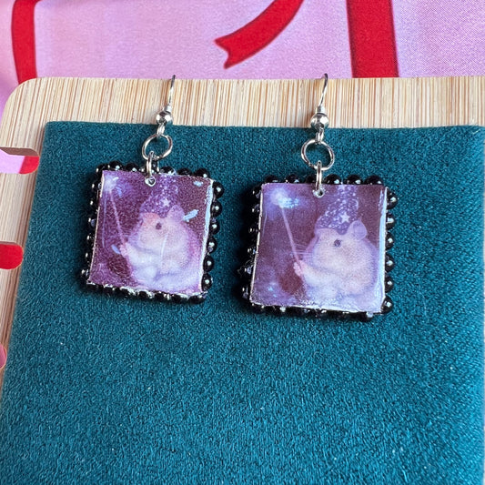 wizard hamster earrings, hamster earrings, handmade polymer clay earrings, polaroid earrings, vintage flash photo jewelry, black pearl earrings, fairycore earrings, indie jewelry, wizardcore jewelry, whimsical earrings, magic earrings, square charm earrings, cute animal earrings, y2k earrings, Olive Made