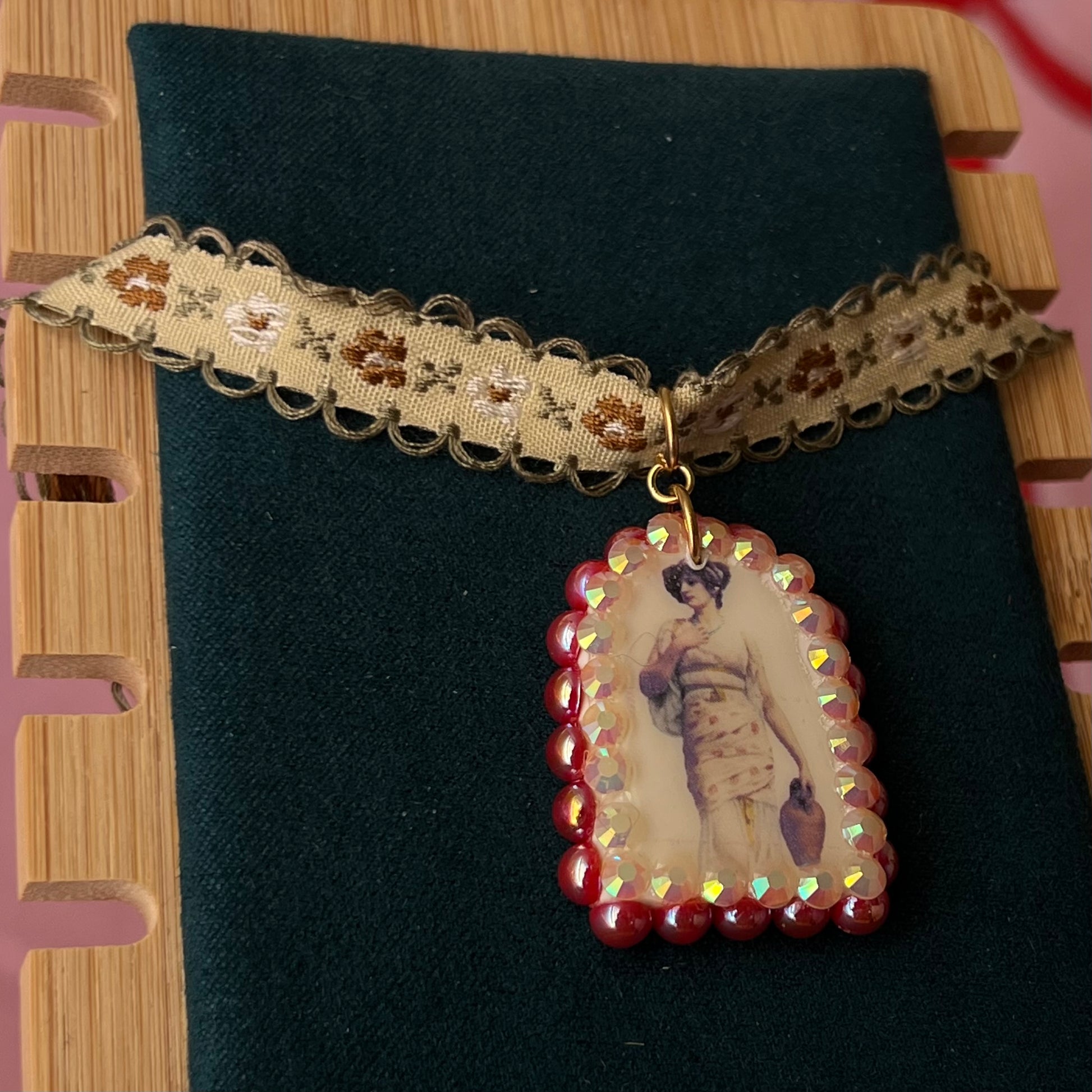 neoclassical necklace, portrait choker necklace, vintage lace choker, renaissancecore jewelry, museum aesthetic necklace, red pearl necklace, rhinestone charm necklace, romantic choker, embroidered flower choker, handmade polymer clay charm, art jewelry
