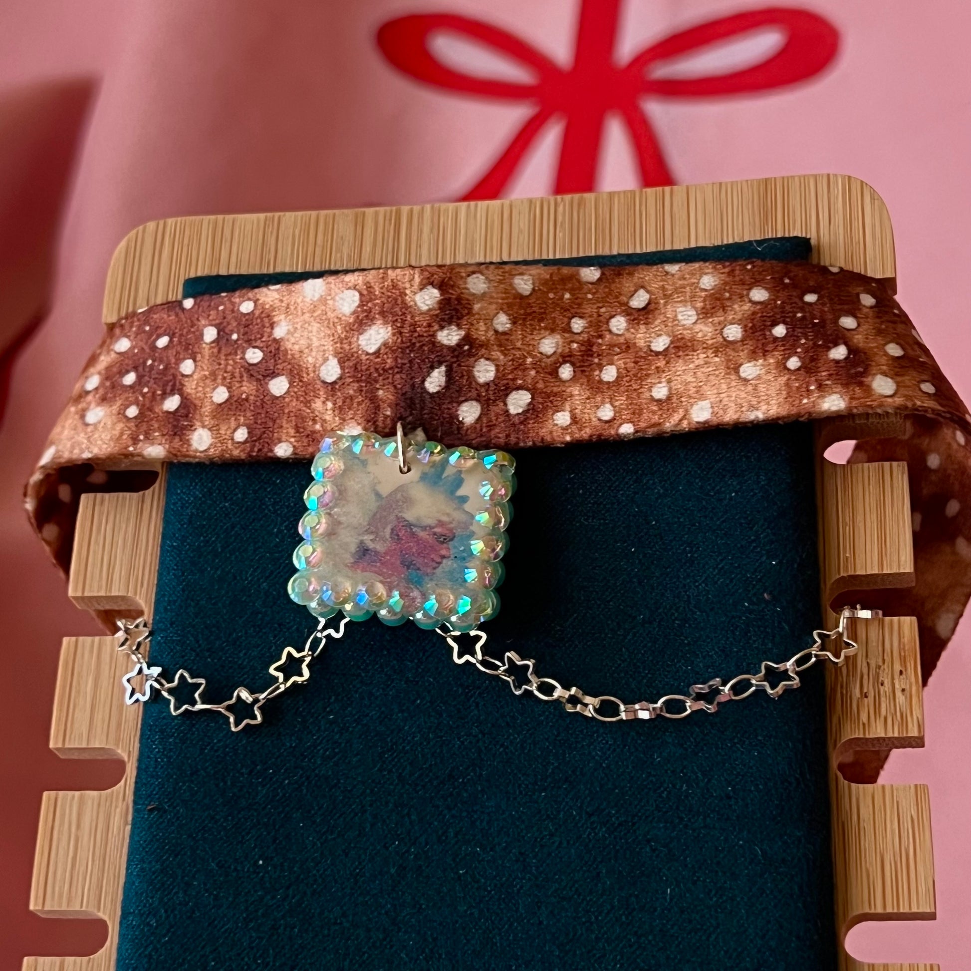 angel choker necklace, deer print choker, fairycore necklace, whimsigoth jewelry, medieval fantasy choker, star chain necklace, rhinestone charm choker, pearl rhinestone necklace, handmade polymer clay charm, layered choker necklace, adjustable choker, cottagecore jewelry