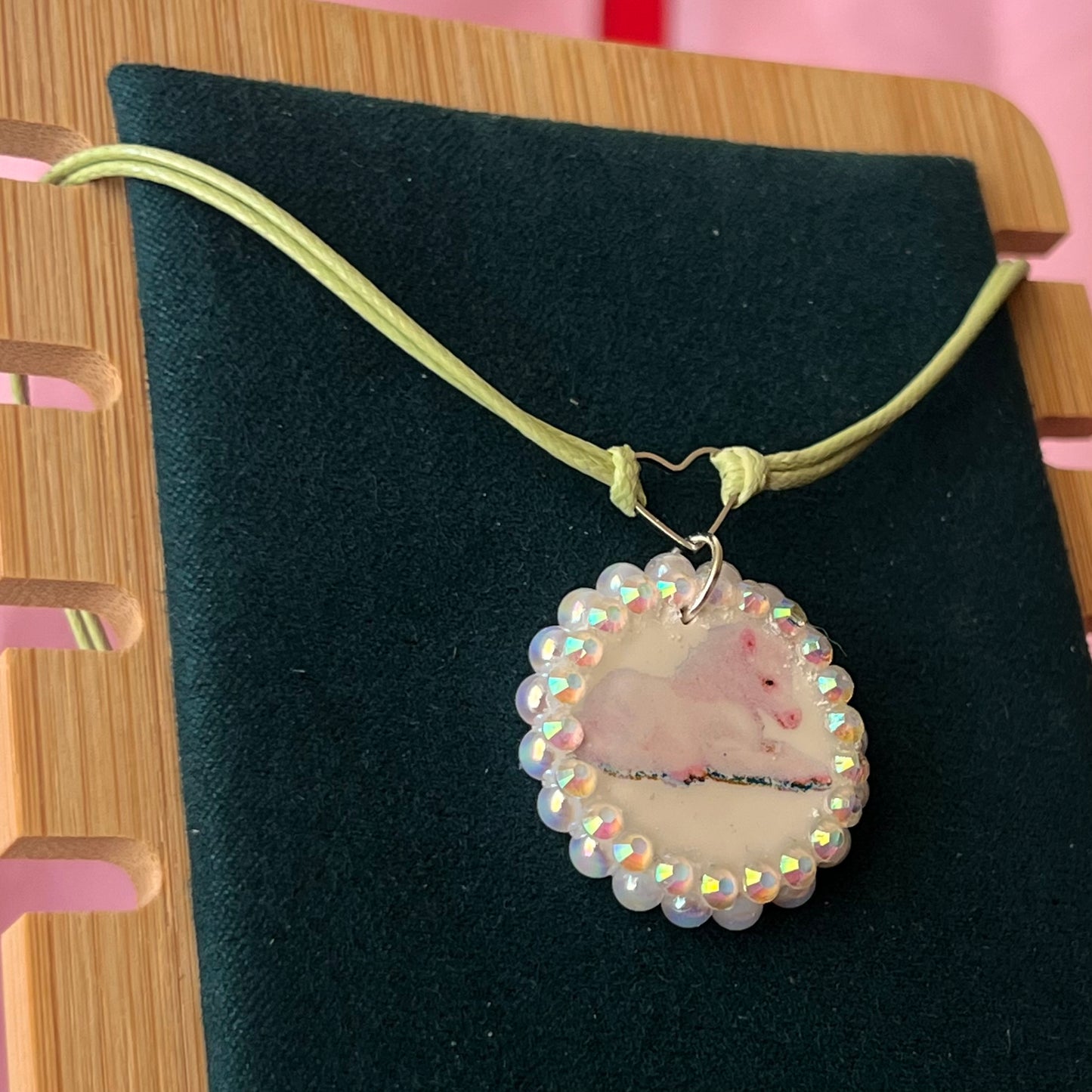 Unicorn Foal Charm Heart Choker | Coquette Pastel Green + Iridescent Pearls | Olive Made