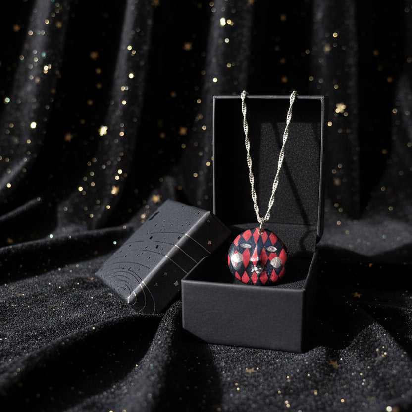 Burgundy Harlequin Mask Necklace | Hand Painted Clay Charm | 925 Sterling Silver Chain | Theater Inspired Jewelry