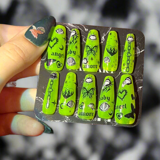 Y2k Retro Neon Punk Angels and Darkness Design Gel Nail Set - Olive Made