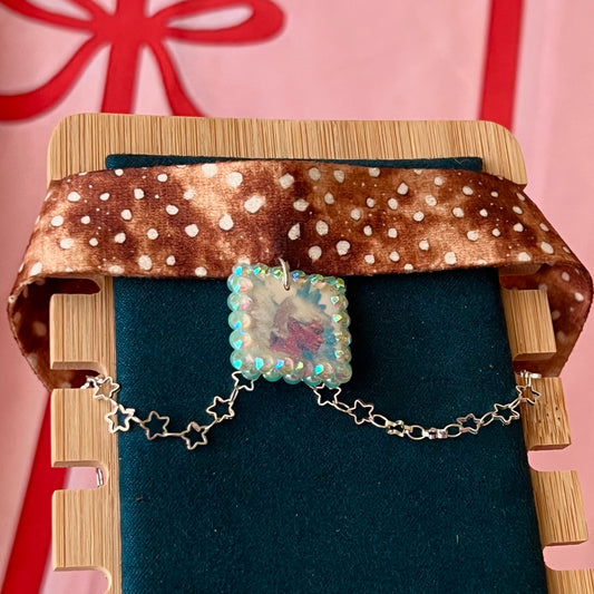 angel choker necklace, deer print choker, fairycore necklace, whimsigoth jewelry, medieval fantasy choker, star chain necklace, rhinestone charm choker, pearl rhinestone necklace, handmade polymer clay charm, layered choker necklace, adjustable choker, cottagecore jewelry