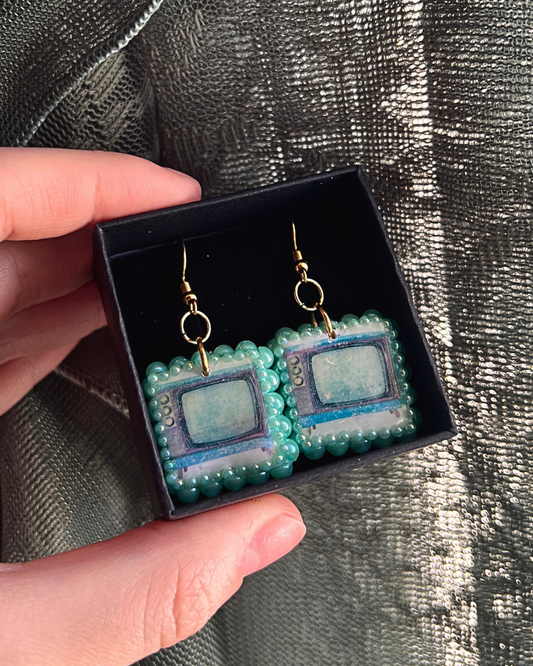 Vintage TV Set Clay Earrings | Teal Iridescent Pearl Frame
