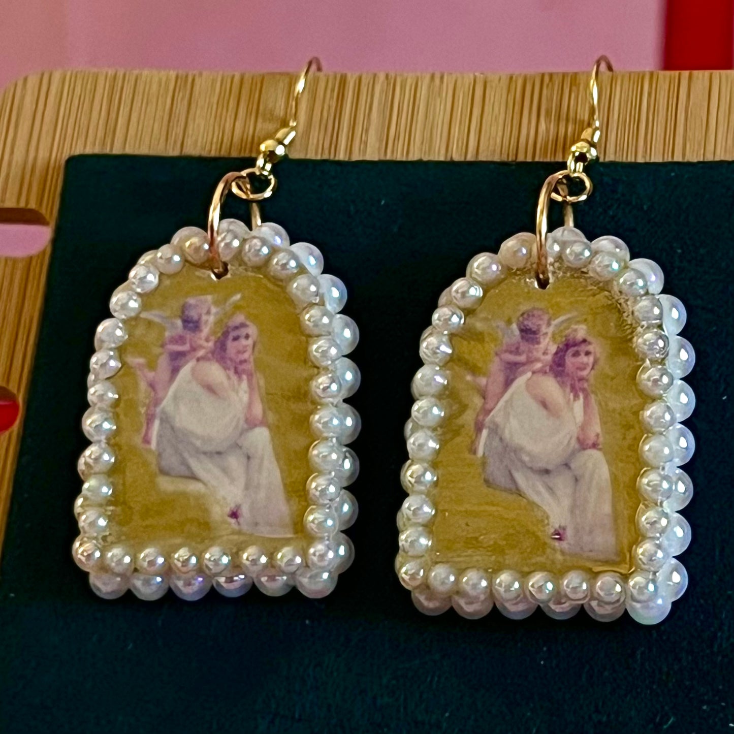 white pearl earrings, pearl arch earrings, art history earrings, guillaume seignac earrings, portrait earrings, museum girl jewelry, coquette earrings, angelcore jewelry, romantic vintage earrings, gold statement earrings, polymer clay earrings, handmade earrings, iridescent pearl earrings, mary pickford portrait, wearable art earrings, bridal shower gift, vintage inspired jewelry, gilded earrings, cottagecore meets glam, soft glamour accessories