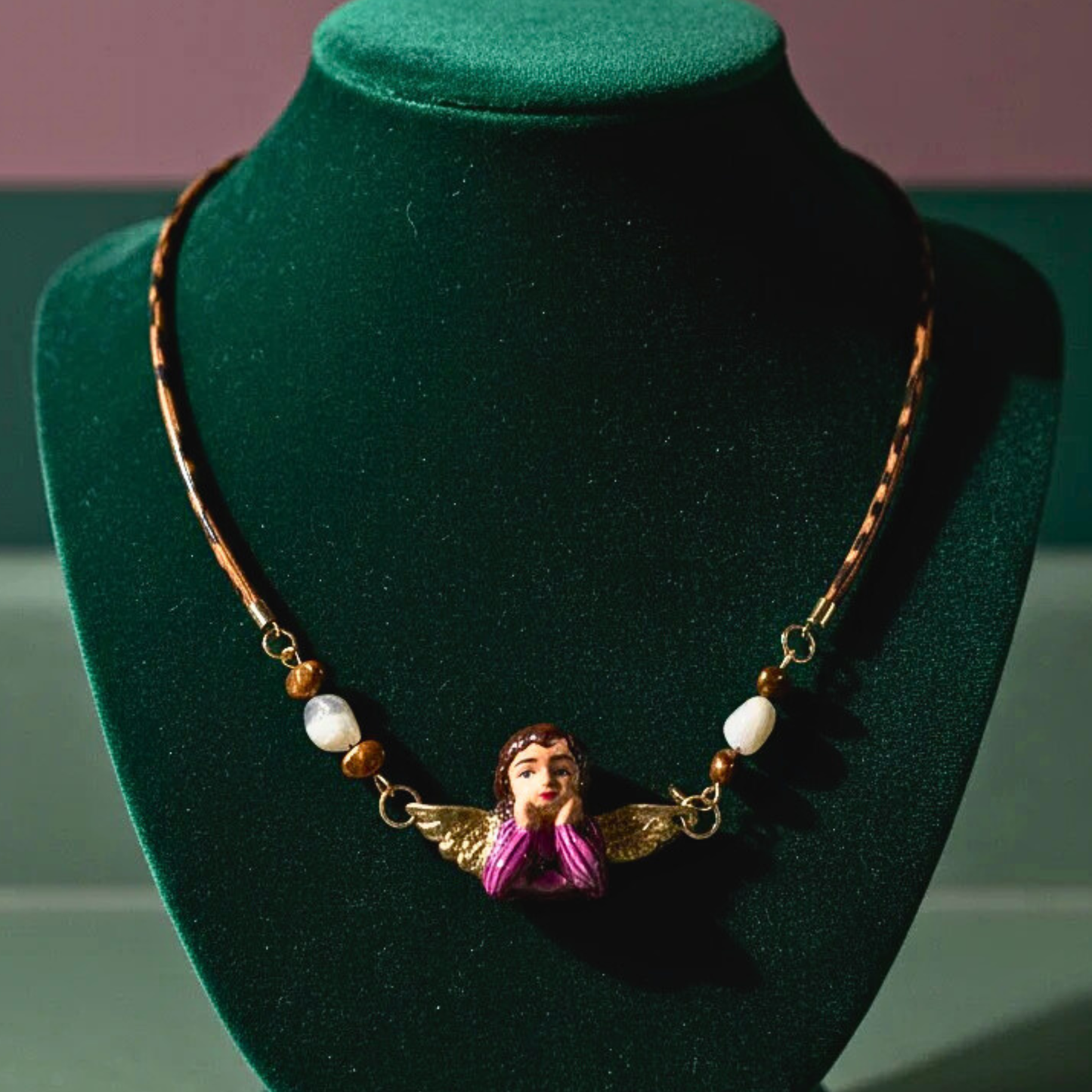 Cheetah Print Angel Necklace | Hand Painted Angel Pendant | Jestercore Statement Jewelry | Mother of Pearl Beads