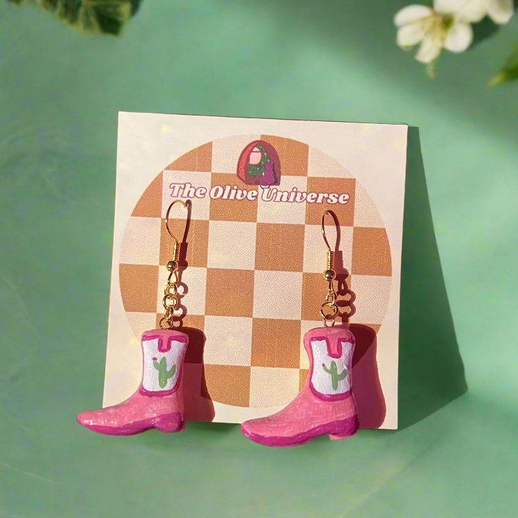 Country Cowgirl Boots - Handmade & Painted Charm Earrings - Olive Made