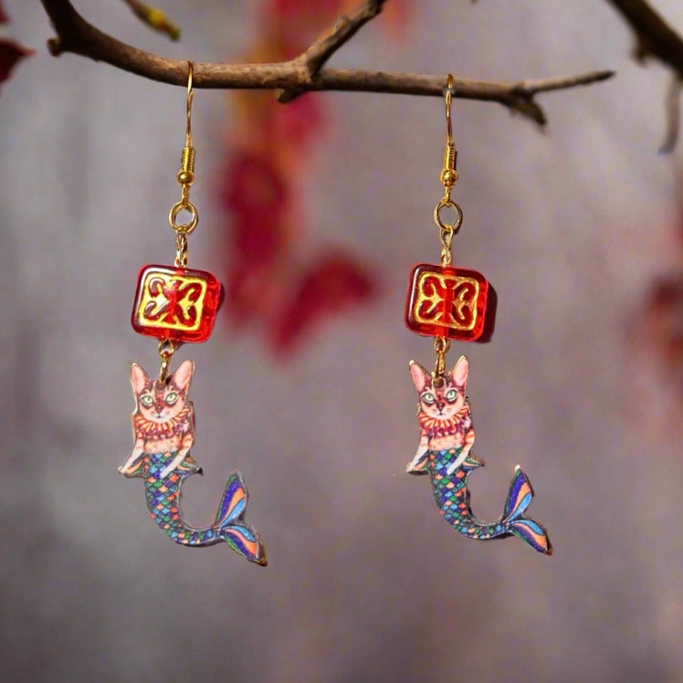 The Baroque Mermaid Cat Earrings – Limited Edition Artisan Charm Earrings