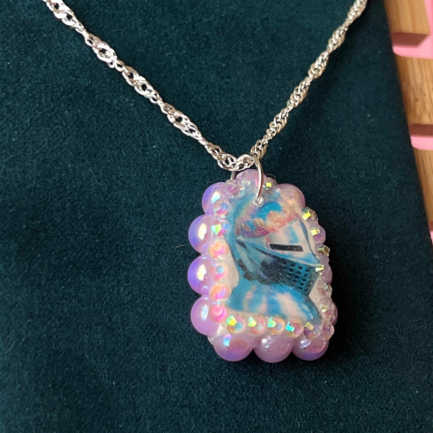 Lavender knight charm necklace — handmade polymer clay lavender knight pendant bedazzled with iridescent beads on 20" 925 silver chain. Gift-ready green Victorian-patterned box. Whimsigoth fairycore coquette cottagecore Y2K charm necklace; ready to ship in 1–3 days.