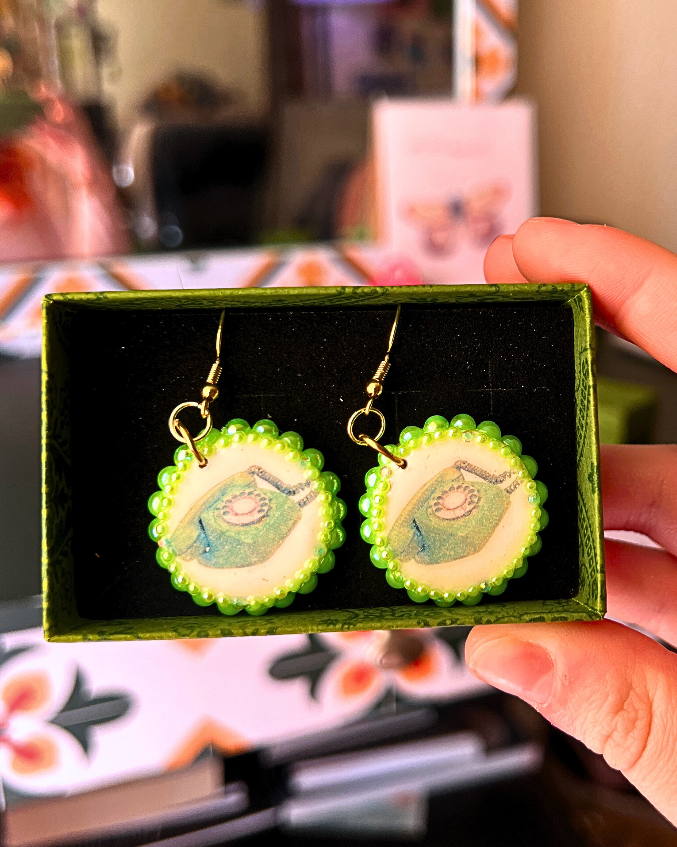 Neon Green Dial Up Phone Earrings | Polymer Clay Charm Earrings | Pearl Bedazzled Statement Earrings | 18k Gold Plated Hooks