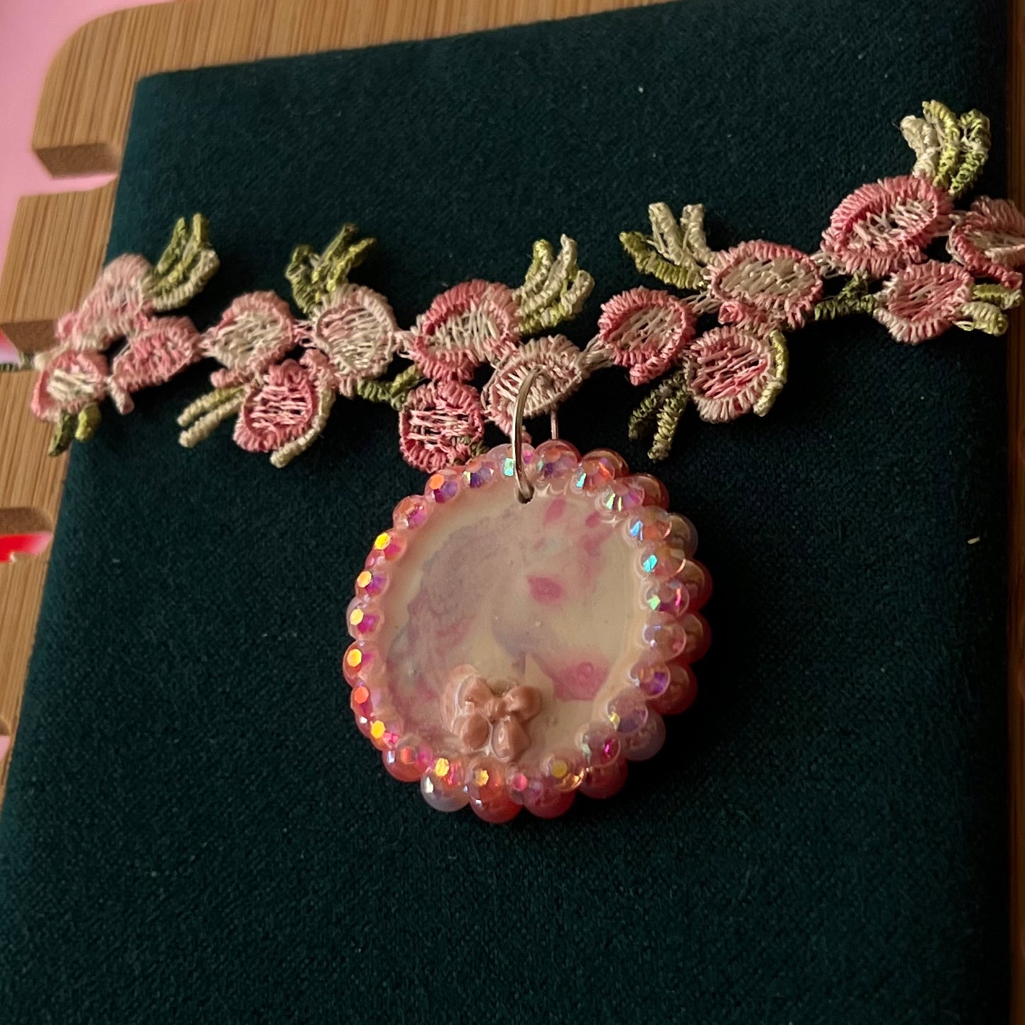 Unicorn Bow Charm Lace Flower Choker Necklace | Pastel Pink Pearl Variations | Olive Made