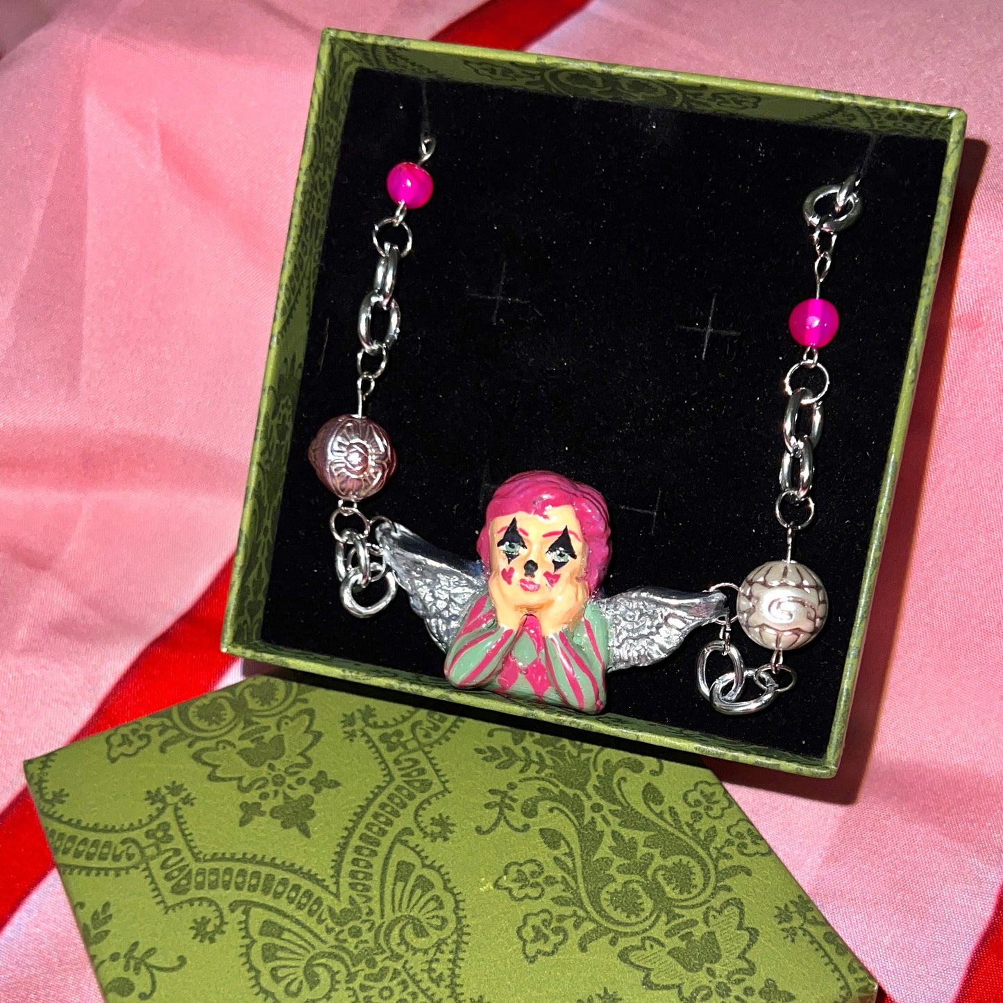 Silver Clown Angel Necklace | Clowncore Jewelry | Polymer Clay Pendant | Pink Agate + Gray Marble Beads | Whimsical Statement Necklace