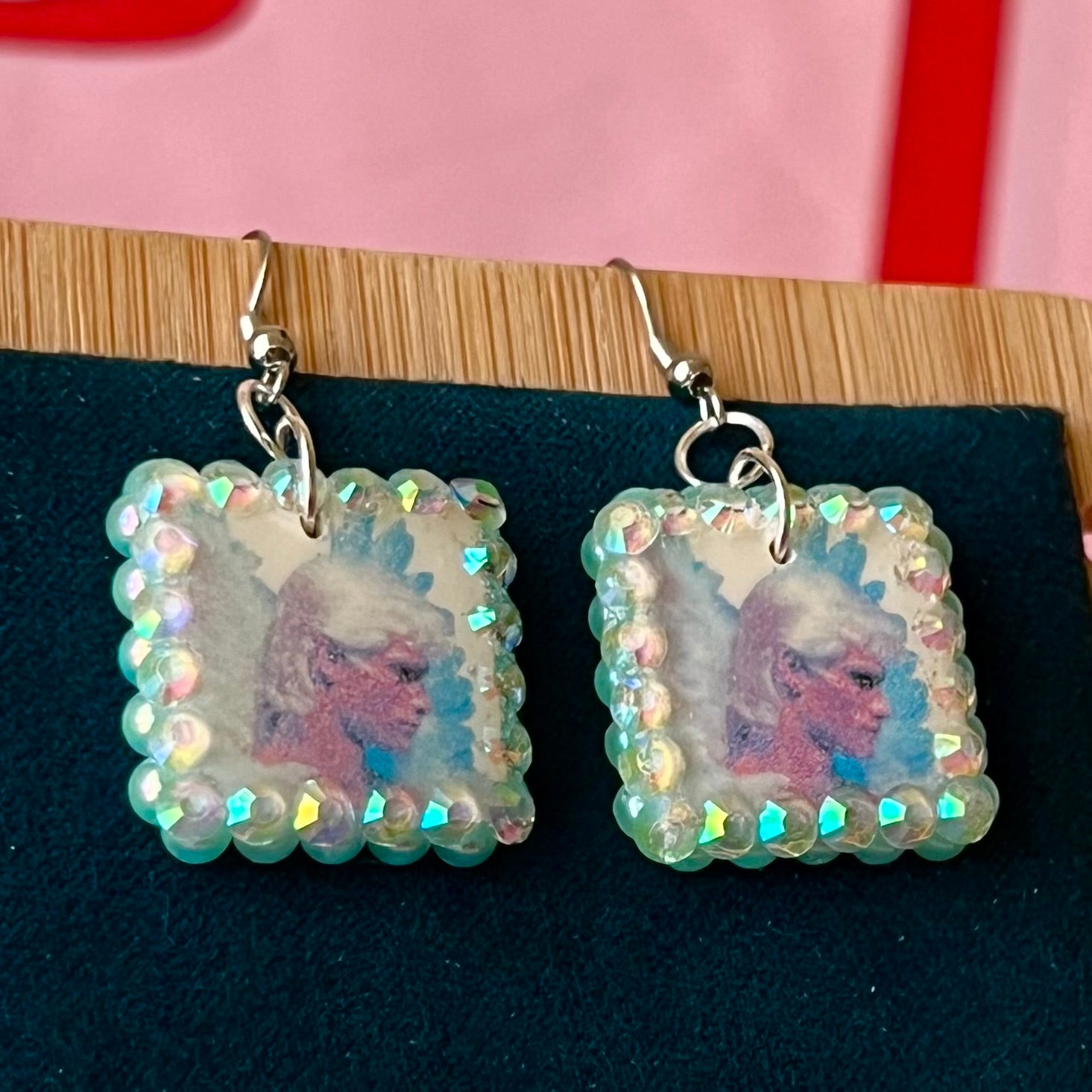 angel earrings, blue angel earrings, fairycore earrings, whimsigoth earrings, medieval fantasy jewelry, rhinestone earrings, pearl rhinestone earrings, handmade polymer clay earrings, charm earrings, statement earrings, gift for fairycore lover, cute angel jewelry