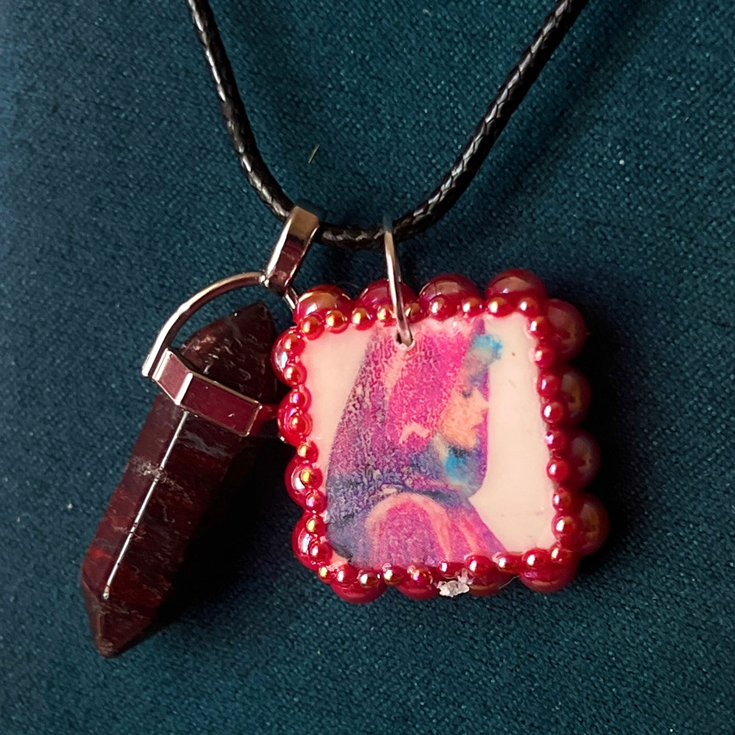 Red Riding Hood charm necklace — handmade polymer clay Red Riding Hood pendant hand-bedazzled with iridescent pearls + rhinestones, plus deep red crystal accent. Choose arch-shaped charm or square charm with burgundy + black gem drop. Gift-ready Victorian-patterned box. Fairycore goth Y2K dark fairytale jewelry; ready to ship in 1–3 days.