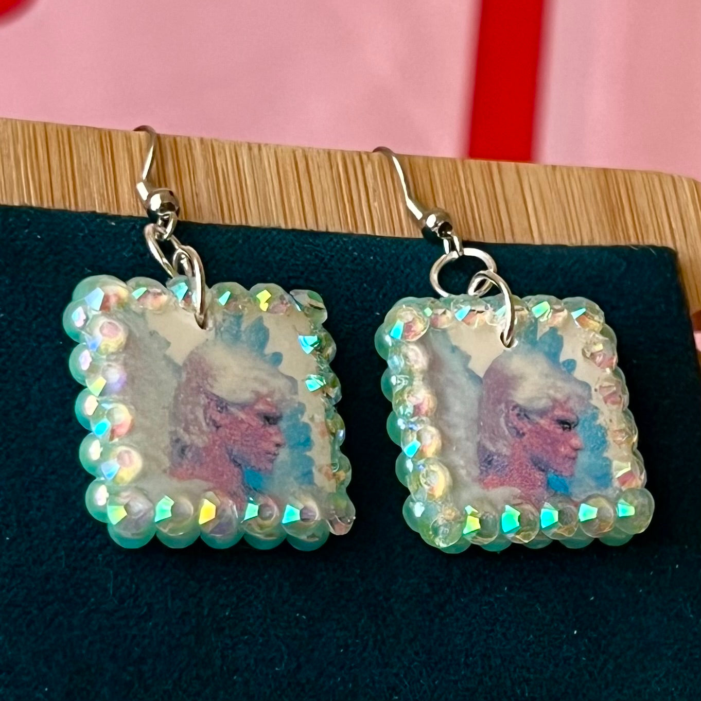 angel earrings, blue angel earrings, fairycore earrings, whimsigoth earrings, medieval fantasy jewelry, rhinestone earrings, pearl rhinestone earrings, handmade polymer clay earrings, charm earrings, statement earrings, gift for fairycore lover, cute angel jewelry