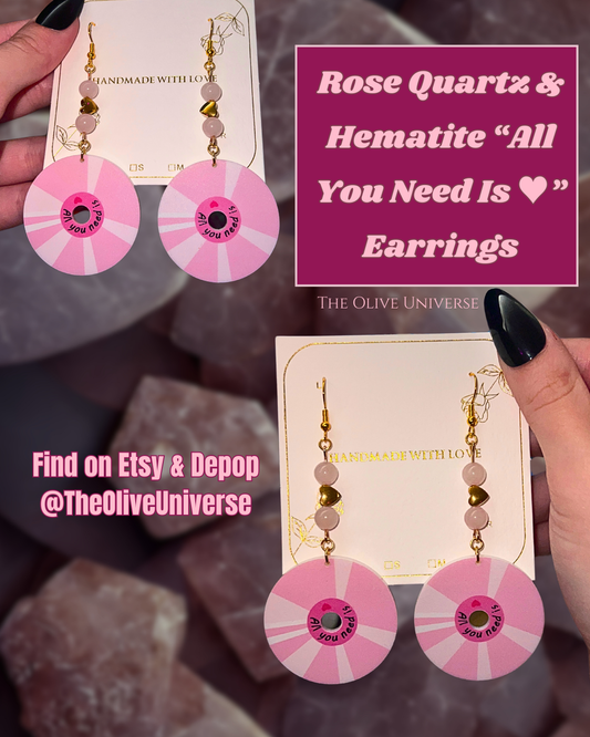 Rose Quartz & Hematite “All You Need Is Love” - Y2k Real Crystal, Stone, and 24k Gold Plated Earrings