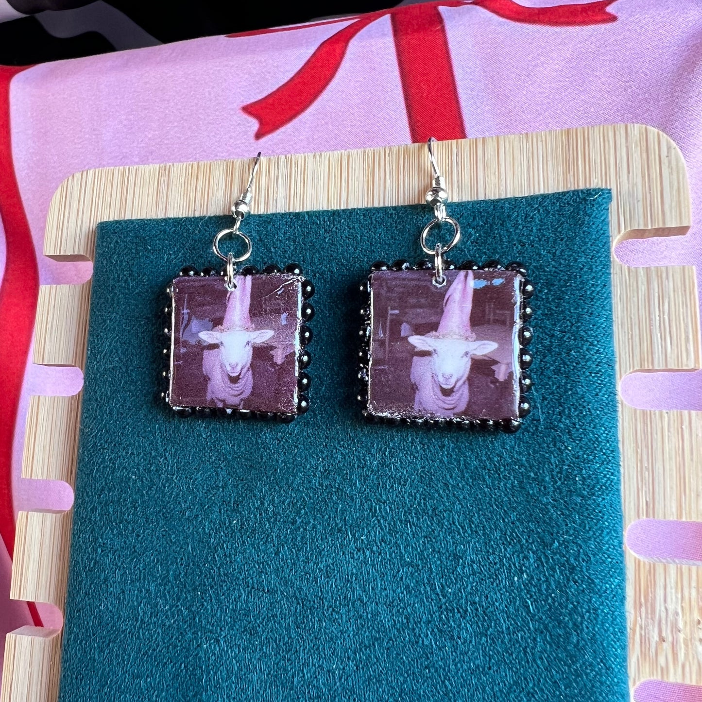 princess lamb earrings, lamb earrings, handmade polymer clay earrings, polaroid earrings, whimsical earrings, fairycore earrings, princesscore jewelry, y2k earrings, 90s inspired jewelry, silver toned earrings, cute animal earrings, magic earrings, square charm earrings, Olive Made