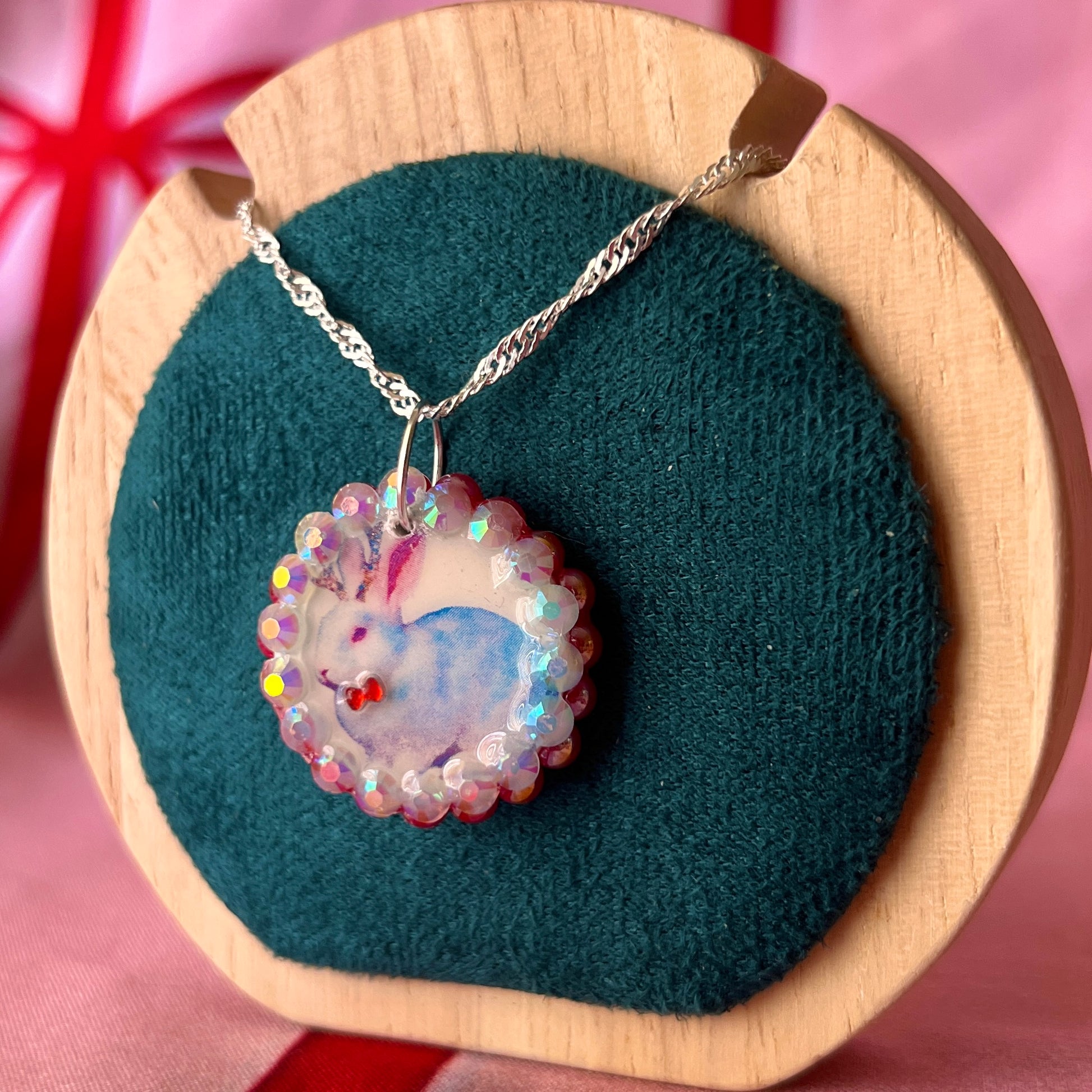 Mr & Mrs Bunny necklaces — handmade polymer clay jackalope bunny character charms bedazzled with red iridescent pearls + rhinestones on 20" 925 sterling silver chain. Choose Mr (red gem bow tie), Mrs (bow in ears), or matching gift set. Folklore romance fairycore jewelry; ready to ship in 1–3 days.