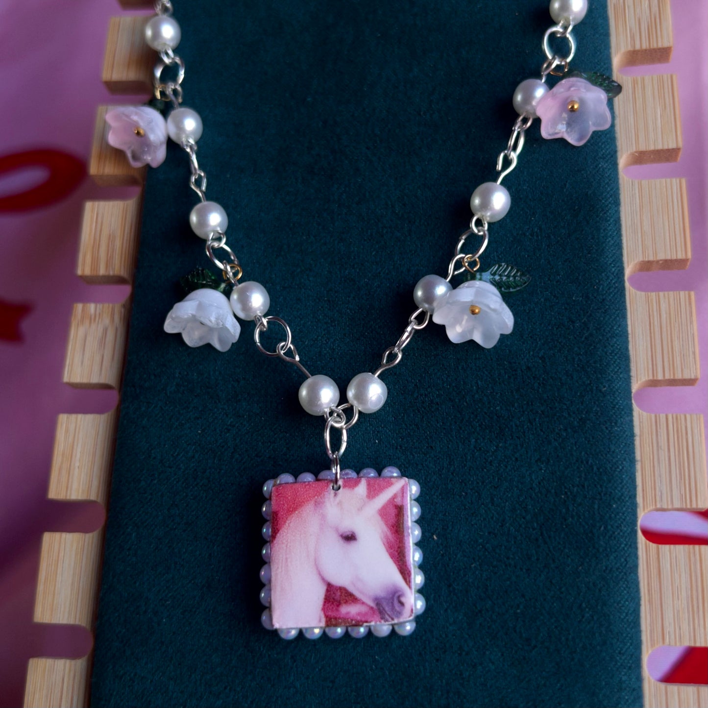Y2K Unicorn Faux Pearl Necklace | Fairycore Pink Polaroid Charm