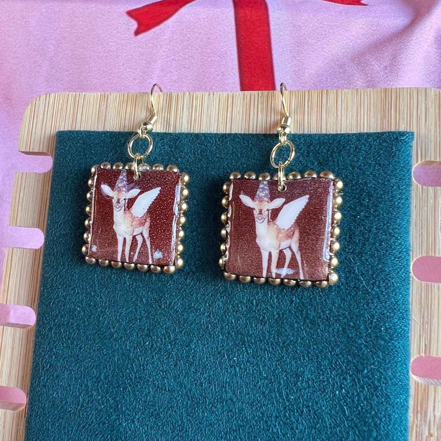 fairy fawn earrings, deer earrings, cottagecore earrings, fairycore earrings, handmade polymer clay earrings, woodland jewelry, polaroid earrings, gold bead earrings, 14k gold plated earrings, animal earrings, whimsical earrings, indie jewelry, forestcore jewelry, Olive Made