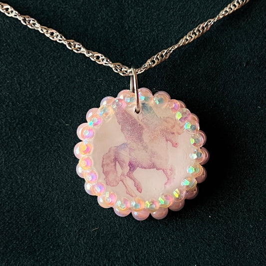 Pegasus pearl charm necklace — coquette fantasy jewelry with handmade pegasus charm bedazzled with pastel pearls on 20" 925 sterling silver chain. Ships gift-ready in green Victorian-patterned box; ready to ship. Medieval magic talisman necklace by Olive Made.