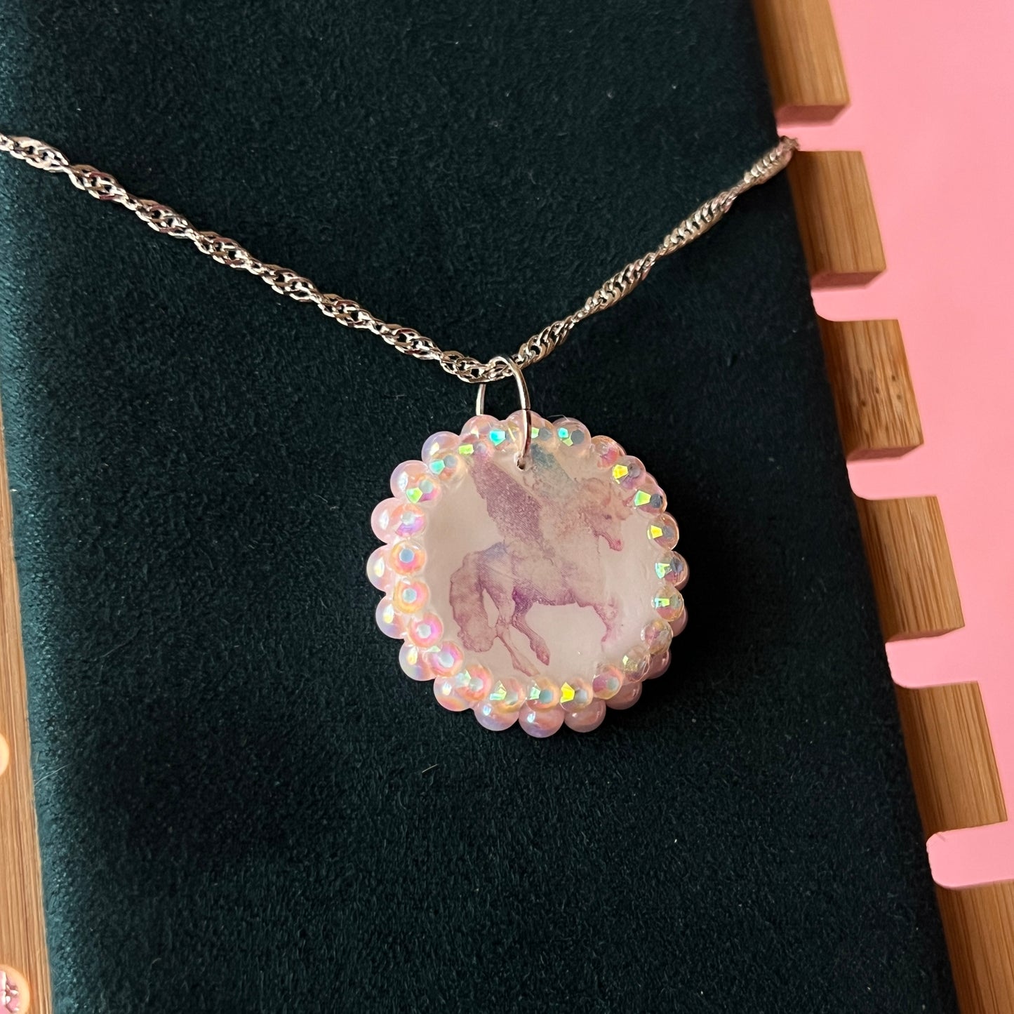 Pegasus pearl charm necklace — coquette fantasy jewelry with handmade pegasus charm bedazzled with pastel pearls on 20" 925 sterling silver chain. Ships gift-ready in green Victorian-patterned box; ready to ship. Medieval magic talisman necklace by Olive Made.
