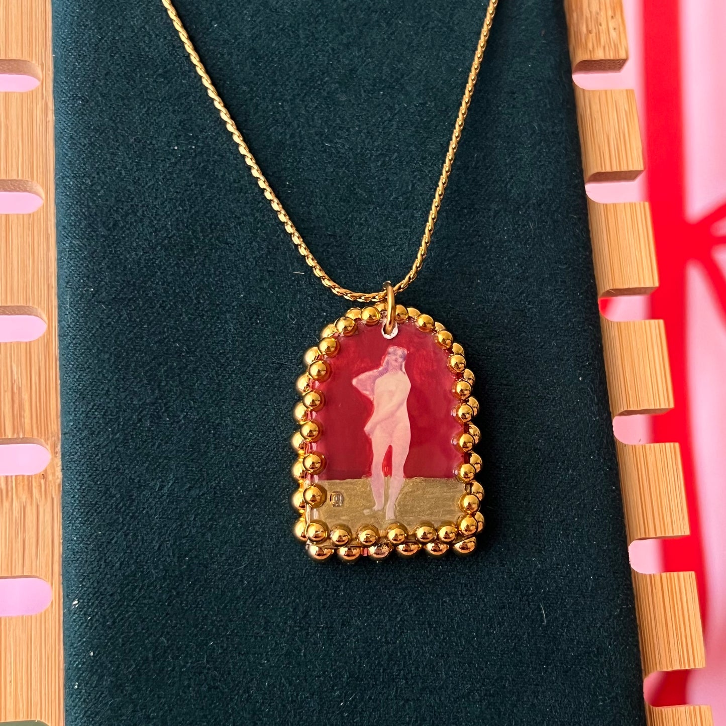 Red Neoclassical Nude Lady Pendant | Golden Charm Necklace | Olive Made