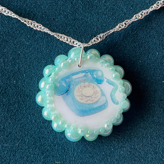 Vintage Mid-Century Dial-Up Phone Necklace | Iridescent Pearl Charm | Handmade Polymer Clay Jewelry | 925 Sterling Silver Chain